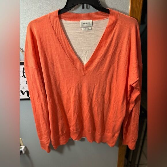St. John Knits Womens Pink Orange Contrast Back Wool Vneck Sweater Size M - Picture 8 of 9